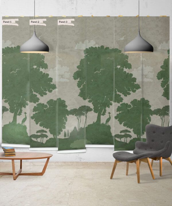 Tuscan Landscape Mural • Italian Wallpaper • Tree Wallpaper • Silhouette Wallpaper • Green • Panels