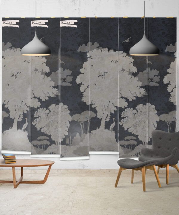 Tuscan Landscape Mural • Italian Wallpaper • Tree Wallpaper • Silhouette Wallpaper • Navy • Panels