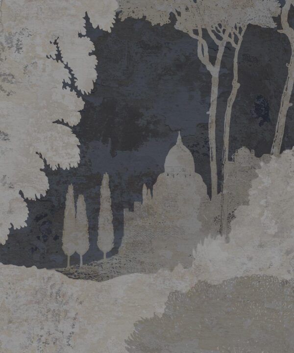 Tuscan Landscape Mural • Italian Wallpaper • Tree Wallpaper • Silhouette Wallpaper • Navy • Swatch