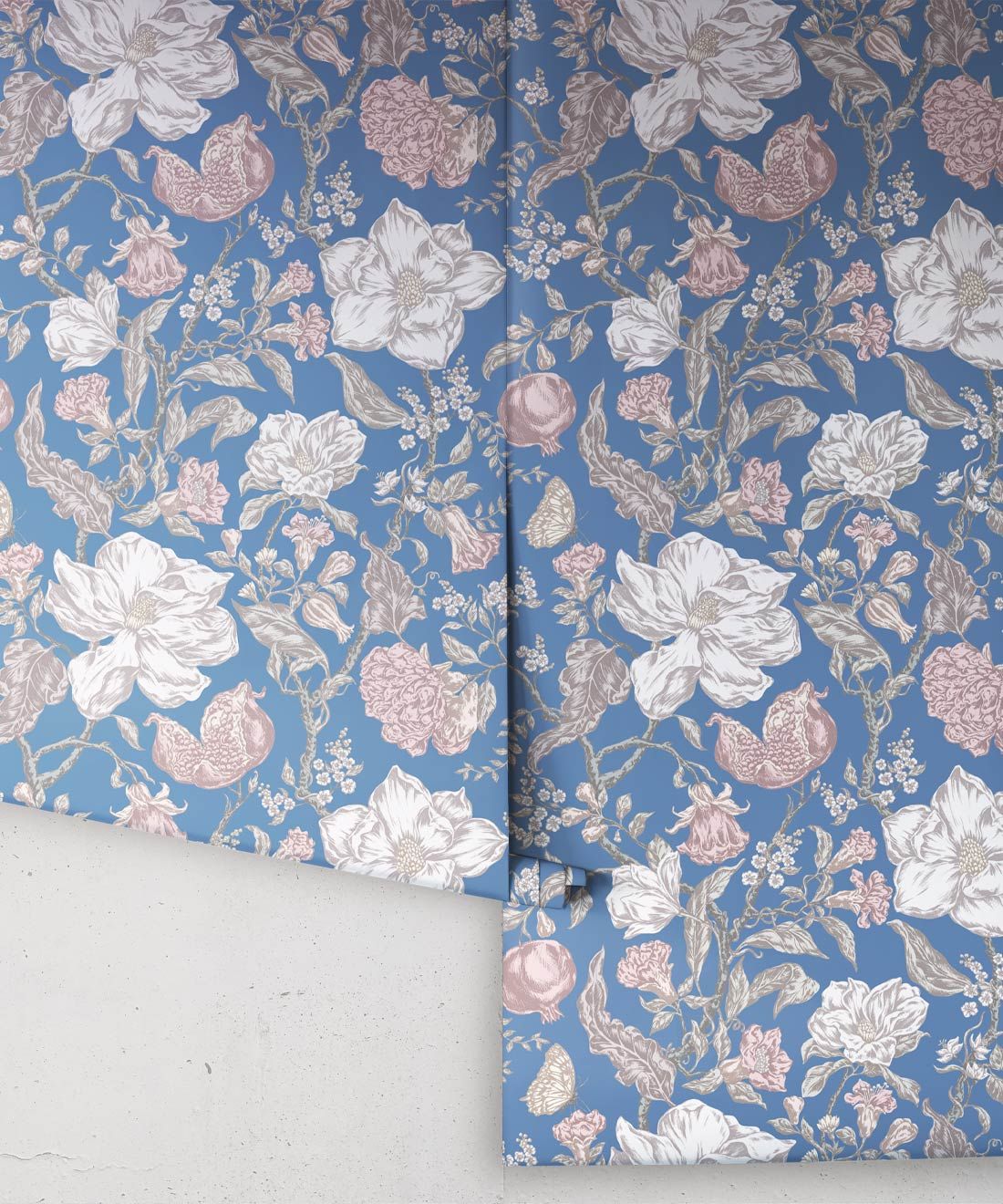 Magnolia Garden Wallpaper • Floral Wallpaper with Pomegranates • Iryna Ruggeri • Blue • Rolls