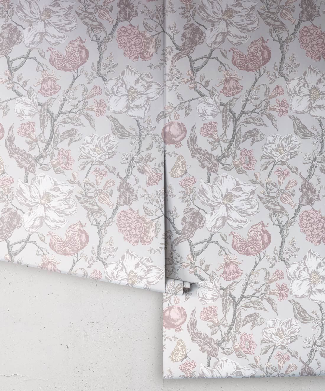 Magnolia Garden Wallpaper • Floral Wallpaper with Pomegranates • Iryna Ruggeri • Grey • Rolls