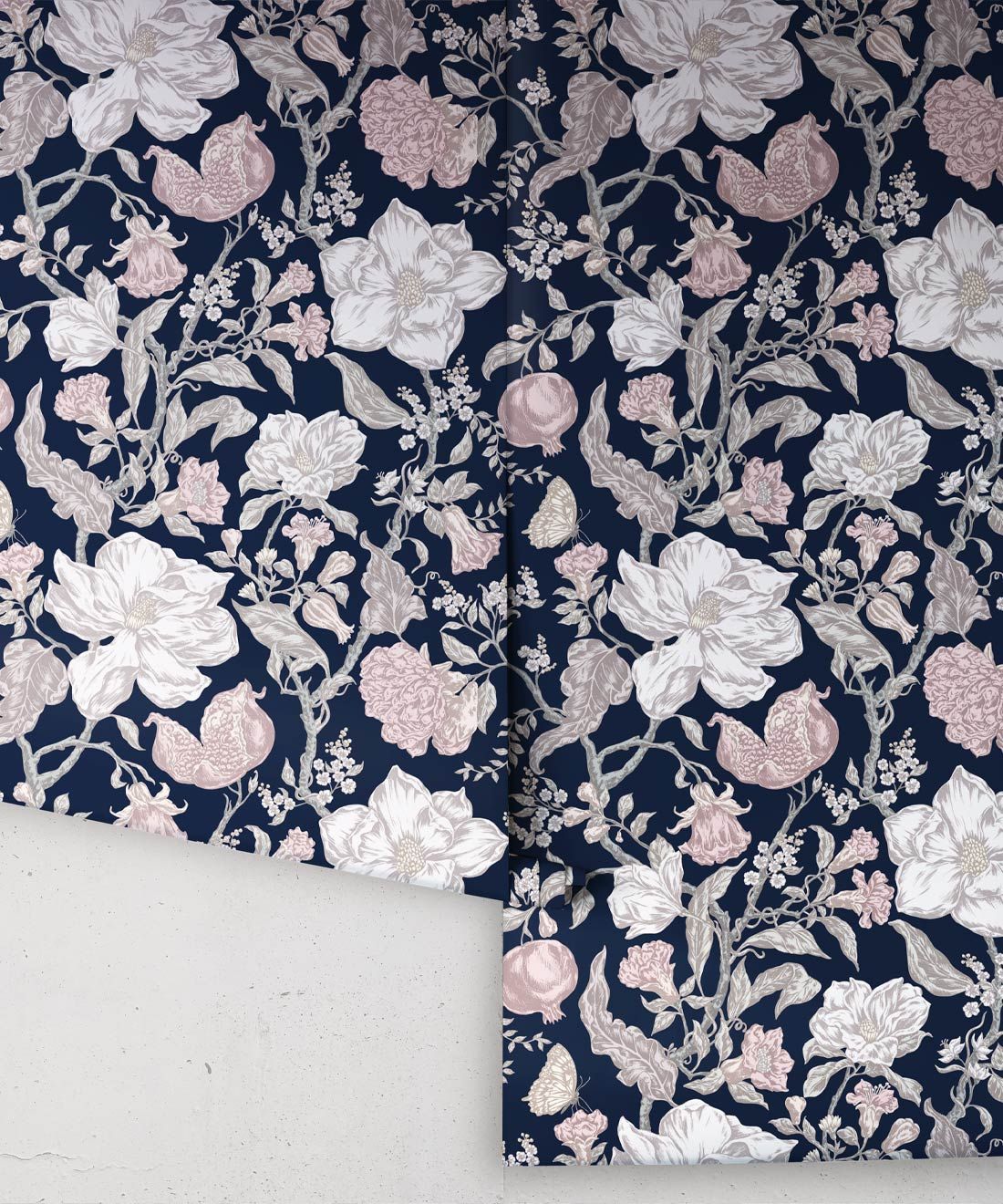 Magnolia Garden Wallpaper • Floral Wallpaper with Pomegranates • Iryna Ruggeri • Navy • Rolls