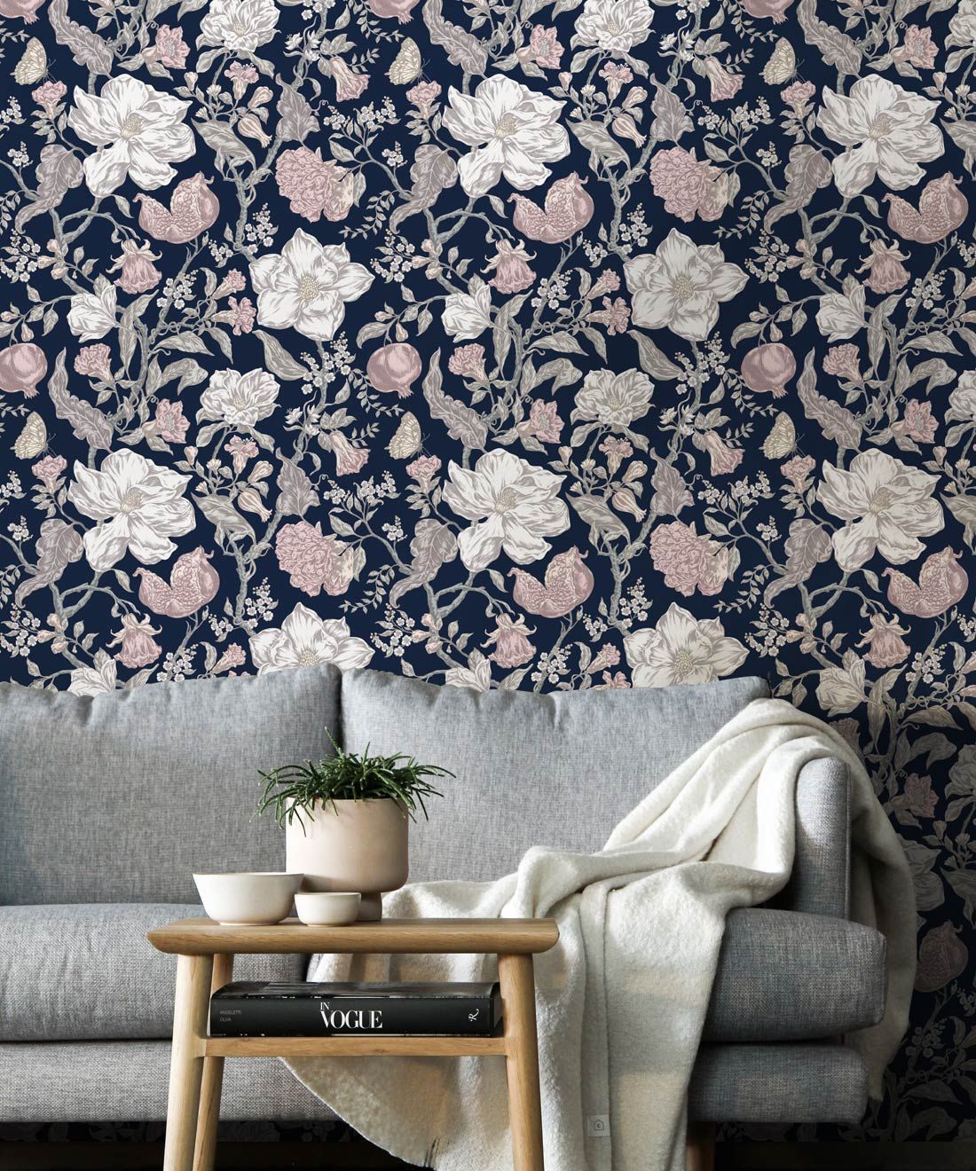 Magnolia Garden Wallpaper • Floral Wallpaper with Pomegranates • Iryna Ruggeri • Navy • Insitu
