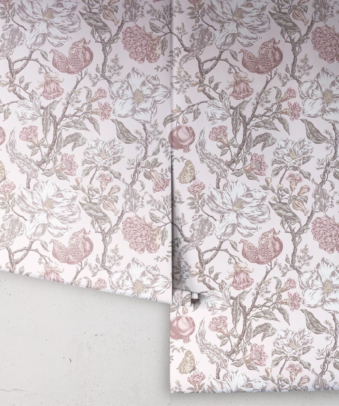 Magnolia Garden Wallpaper • Floral Wallpaper with Pomegranates • Iryna Ruggeri • Pink • Rolls