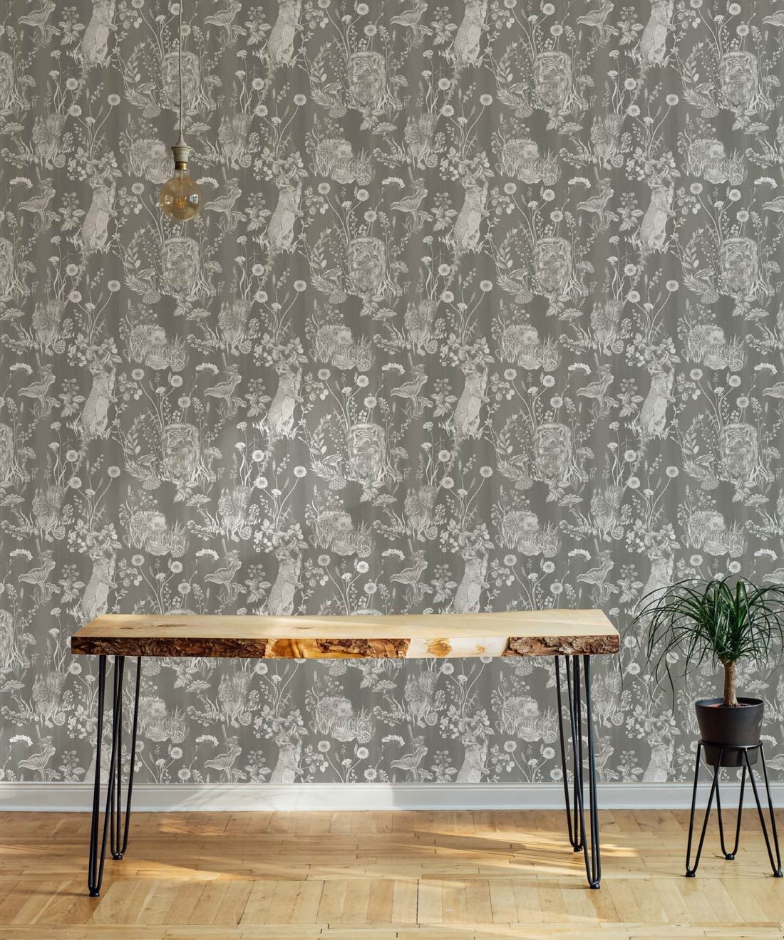 Woodland Friends Wallpaper • Forest Wallpaper with rabbits, hares, raccoons • Iryna Ruggeri • Grey • Insitu