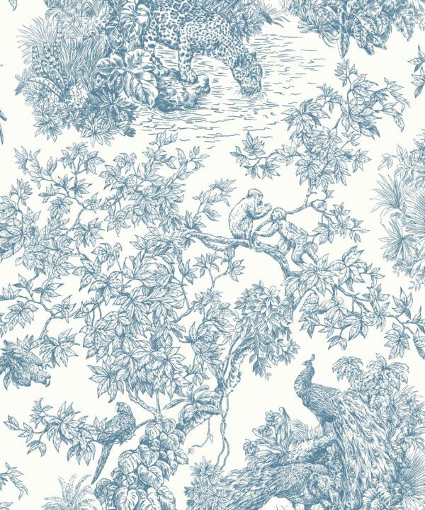 Sinharaja Wallpaper • Vintage Jungle Toile Wallpaper • Sapphire • Swatch