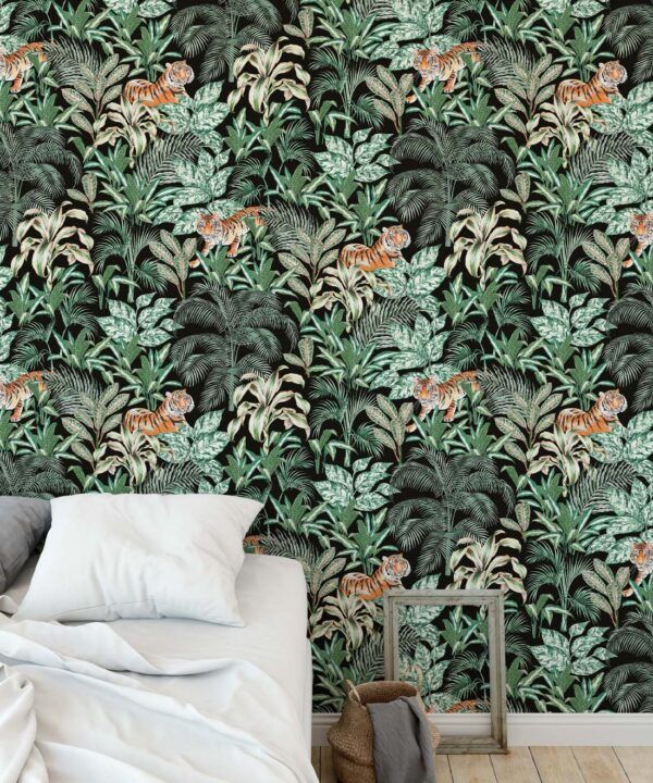 Jungle Tiger Wallpaper • Tropical Wallpaper • Jacqueline Colley • Mint • Insitu