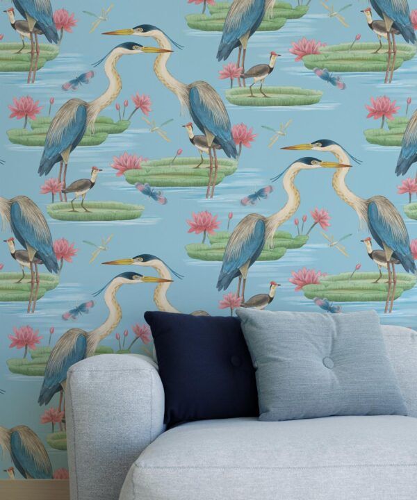 Heron Jacana Giant Lillypad Wallpaper • Blue Sky • Insitu