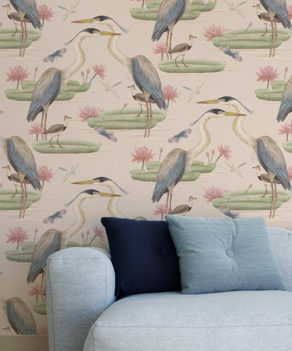 Heron Jacana Giant Lillypad Wallpaper • Cream • Insitu
