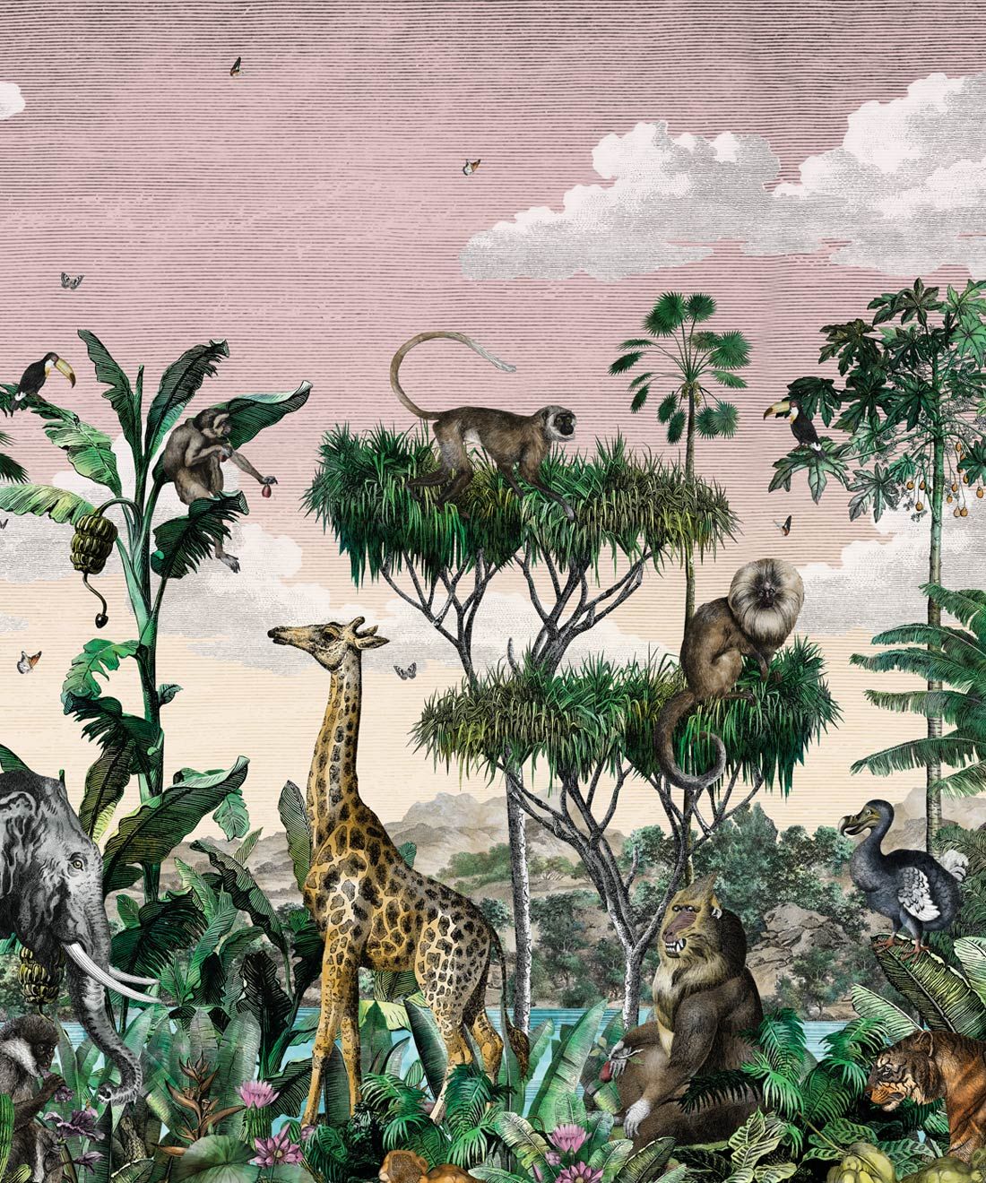 Etched Safari Mural • Animal Wallpaper • Pink Sky • Swatch