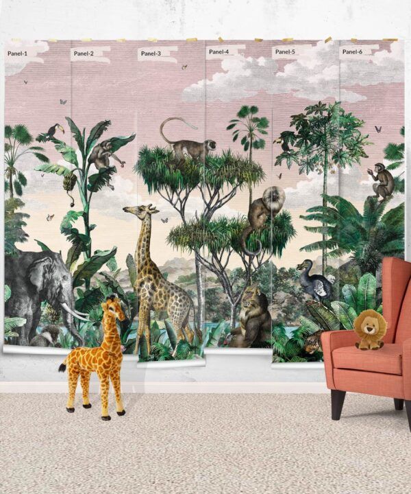 Etched Safari Mural • Animal Wallpaper • Pink Sky • Rolls