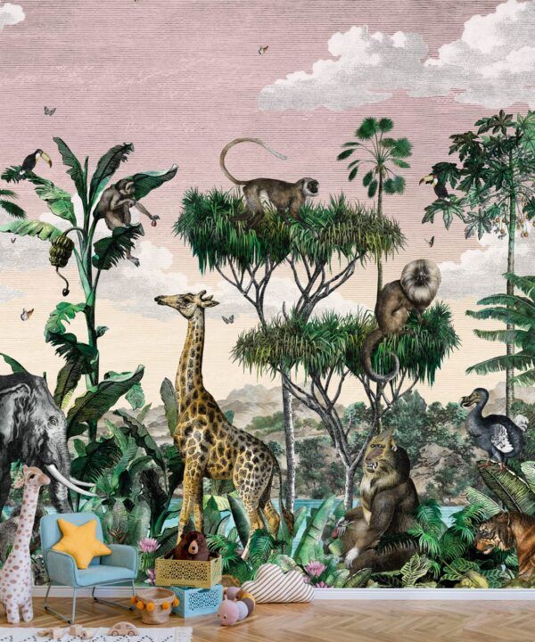 Etched Safari Mural • Animal Wallpaper • Pink Sky • Insitu