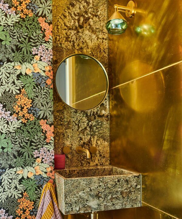 Atrium Wallpaper • Kip&Co • Leafy Botanical Wallpaper • Insitu with marble sink