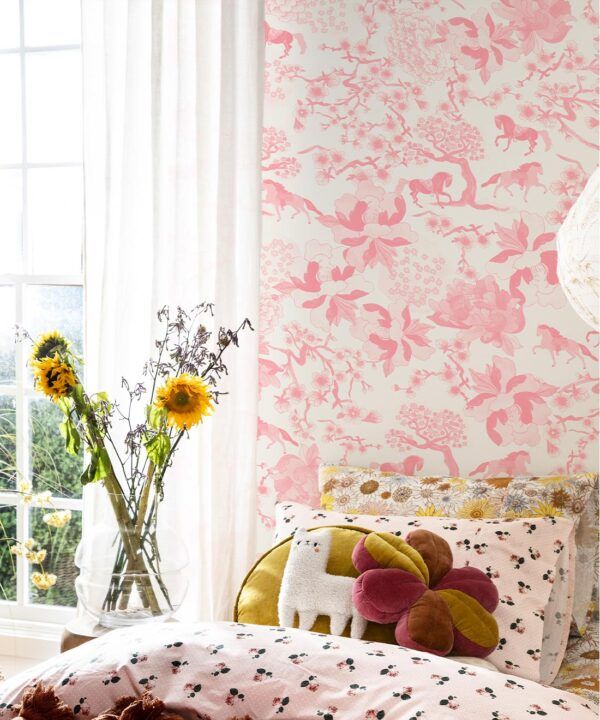 Gallop Wallpaper • Horse Wallpaper • Fleur • Insitu with flowers