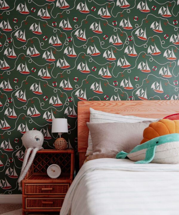 Hey Sailor Wallpaper • Kip&Co • Sailboats and Buoys • Nautical Wallpaper • Green • Insitu with bed