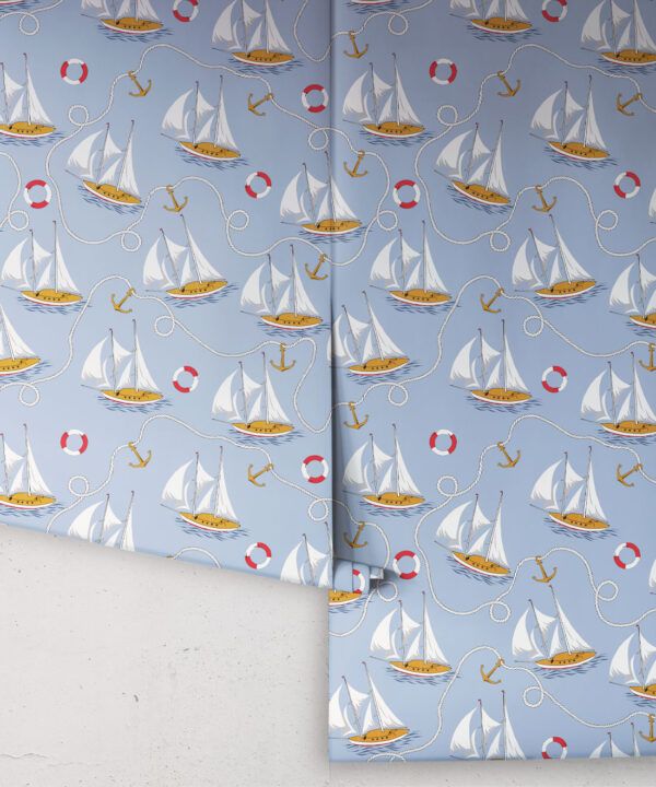 Hey Sailor Wallpaper • Kip&Co • Sailboats and Buoys • Nautical Wallpaper • Light Blue • Rolls