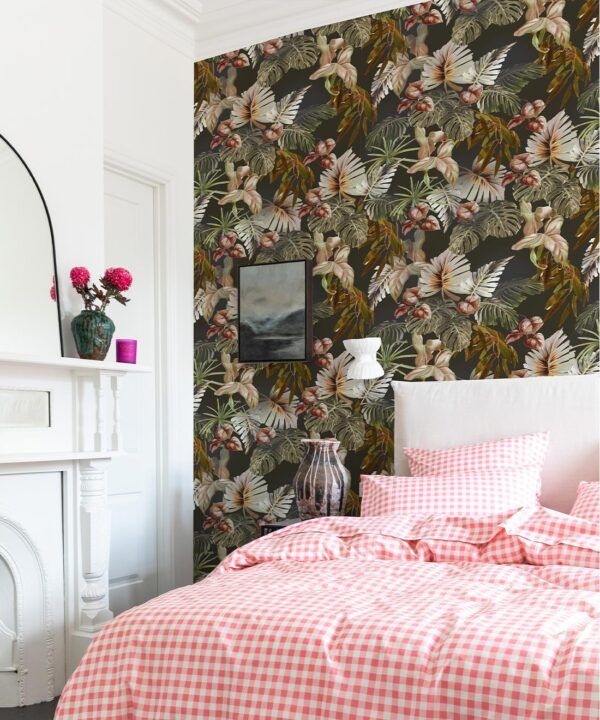 Night Jungle Wallpaper • Kip&co • Leafy Tropical Wallpaper • Insitu with Pink Bed