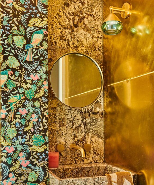 Tropical Paradise Wallpaper • Kip&co • Black • Insitu with Marble Sink