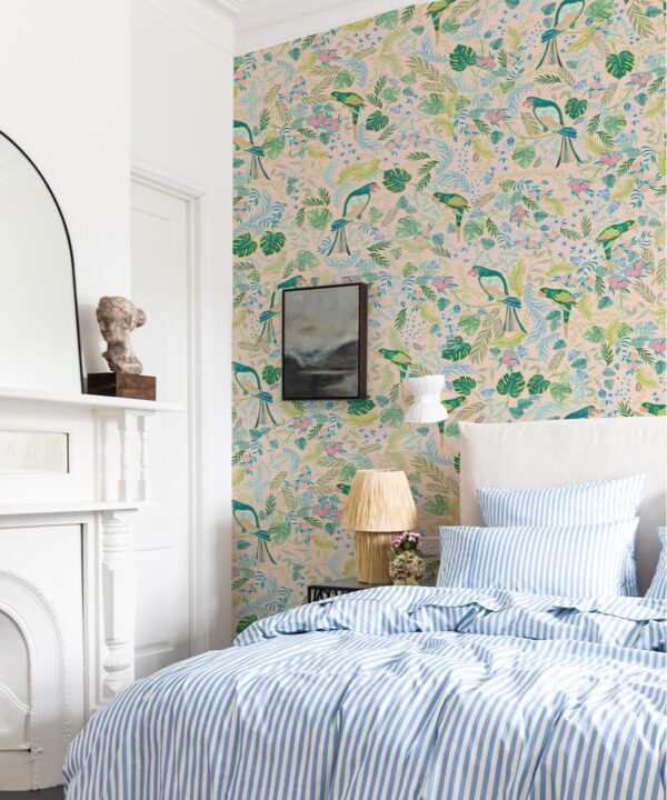 Tropical Paradise Wallpaper • Kip&co • Peach • Insitu with Blue Bedding
