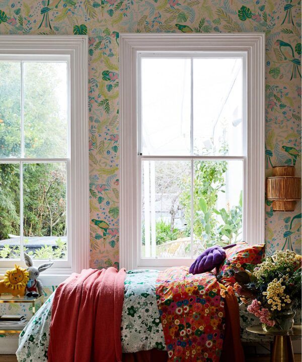 Tropical Paradise Wallpaper • Kip&co • Peach • Insitu with window