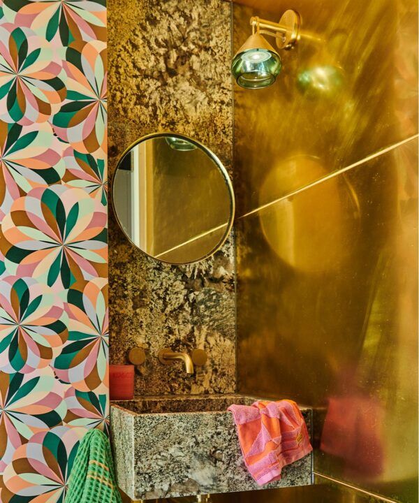 Uncommonly Splendid Wallpaper • Retro Kaleidoscope Wallpaper • Summer • Insitu with marble Sink