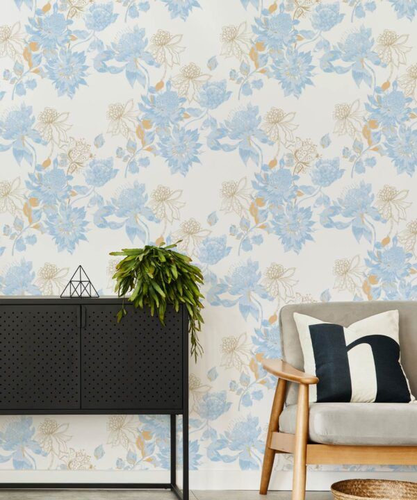 Protea Wallpaper • Floral Wallpaper • Bell Blue Honey • Insitu
