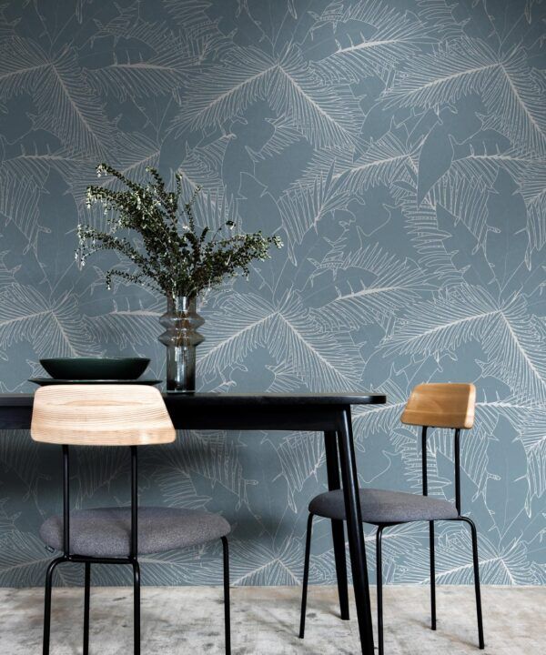 Art Deco Palm Wallpaper • Tropical Wallpaper • Powder Blue • Insitu