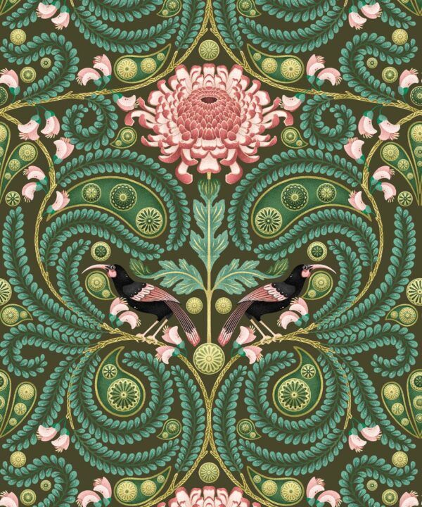 Huai & Chrysanthemums Wallpaper • Khaki Green • Swatch