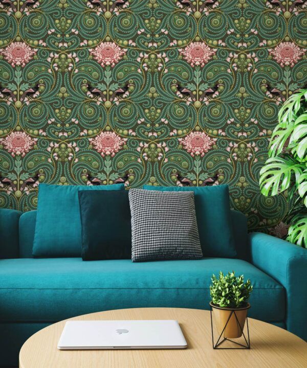 Huai & Chrysanthemums Wallpaper • Khaki Green • Insitu