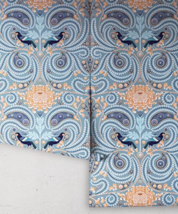Huai & Chrysanthemums Wallpaper • Slate Blue • Rolls