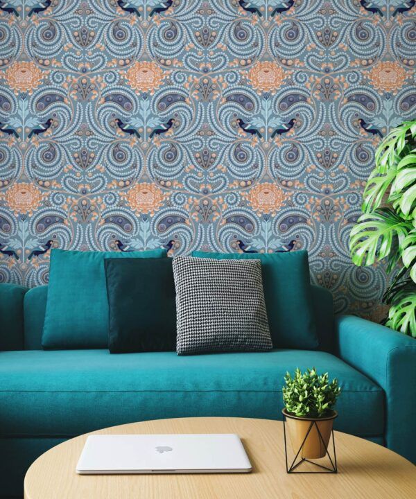 Huai & Chrysanthemums Wallpaper • Slate Blue • Insitu
