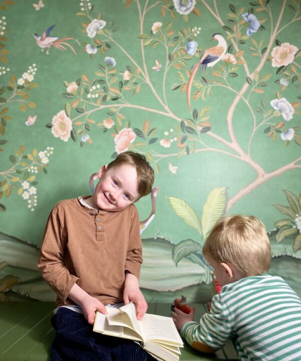 Spring Landscape Wallpaper • Green • Insitu with 2 boys