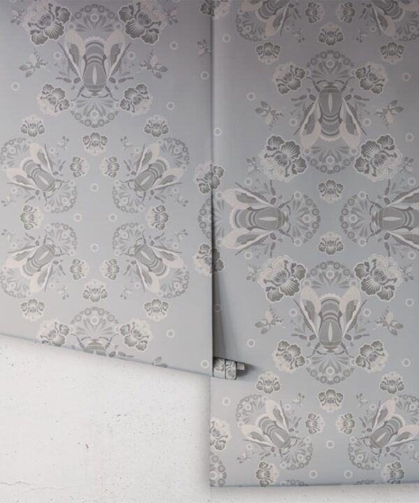 Bees Lace Wallpaper • Grey • Rolls