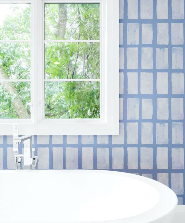 Barres Wallpaper • Blue Navy • Insitu Bathroom