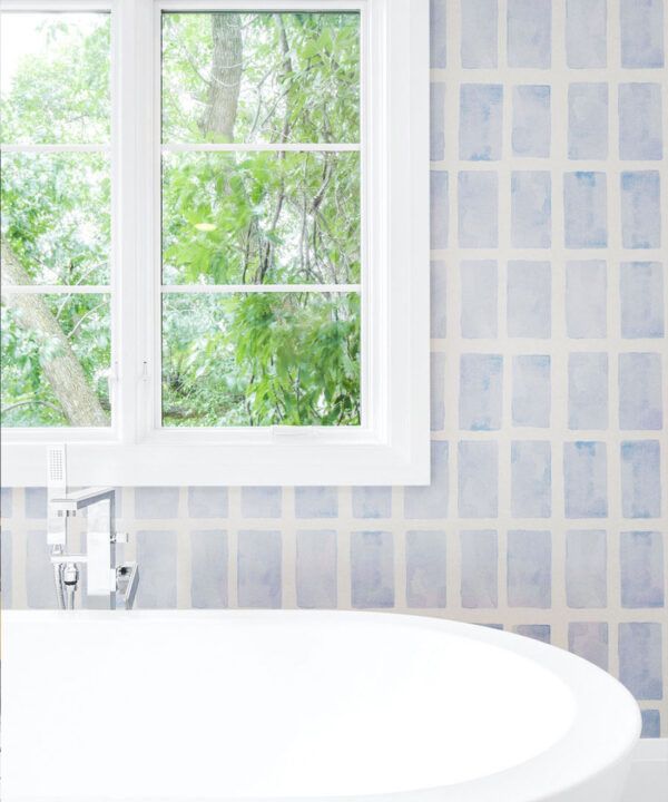 Barres Wallpaper • Blue White • Insitu Bathroom