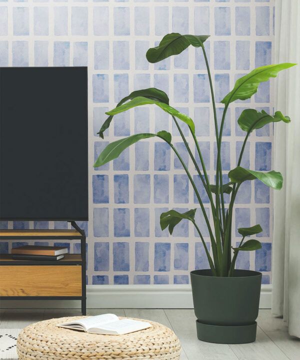 Barres Wallpaper • Blue White • Insitu Living Room