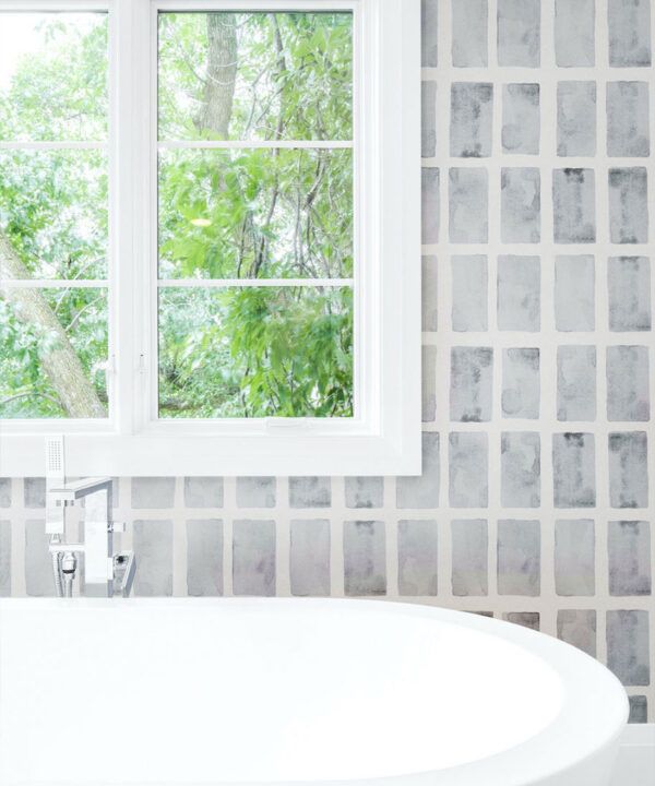 Barres Wallpaper • Charcoal White • Insitu Bathroom