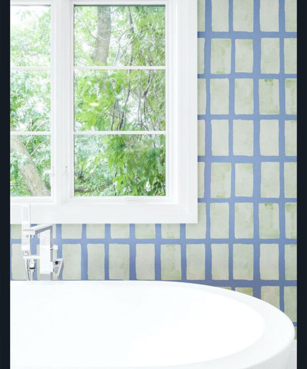 Barres Wallpaper • Sage Navy • Insitu Bathroom