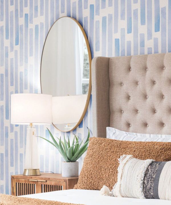 Colonnes Wallpaper • Blue White • Insitu Bedroom