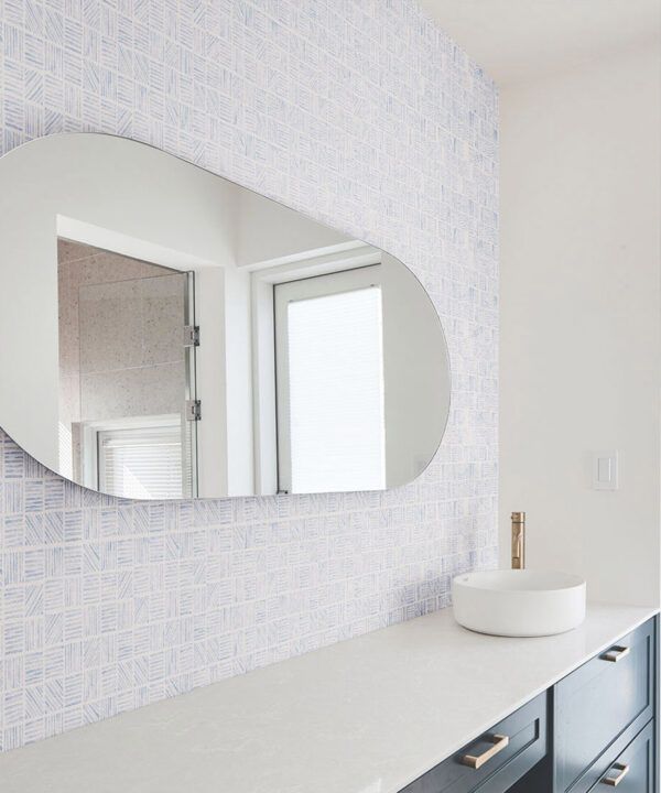 Lignes Deux Wallpaper • Blue White • Insitu Bathroom