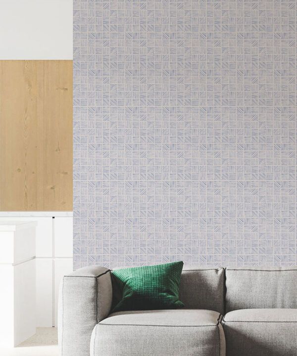 Lignes Deux Wallpaper • Blue White • Insitu Living Room