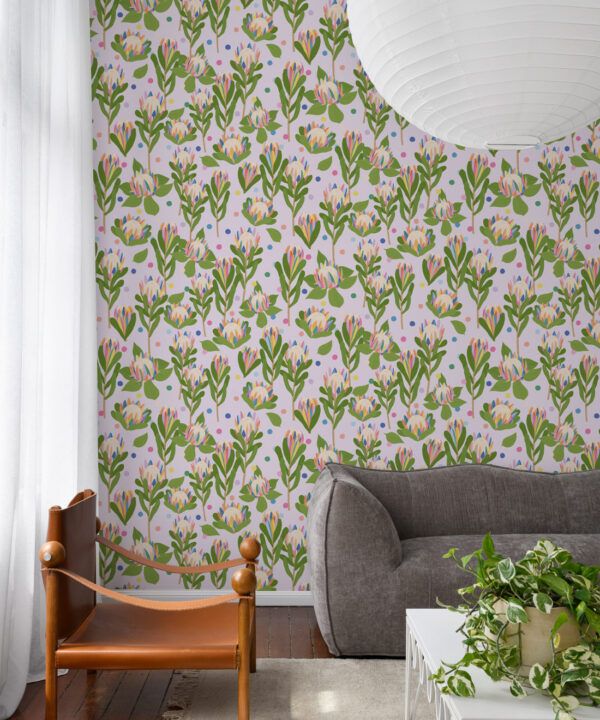 Protea Party Wallpaper • Fruity Lilac • Insitu