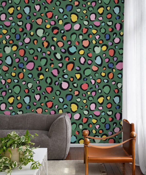 Rainbow Leopard Wallpaper • Deep Green • Insitu