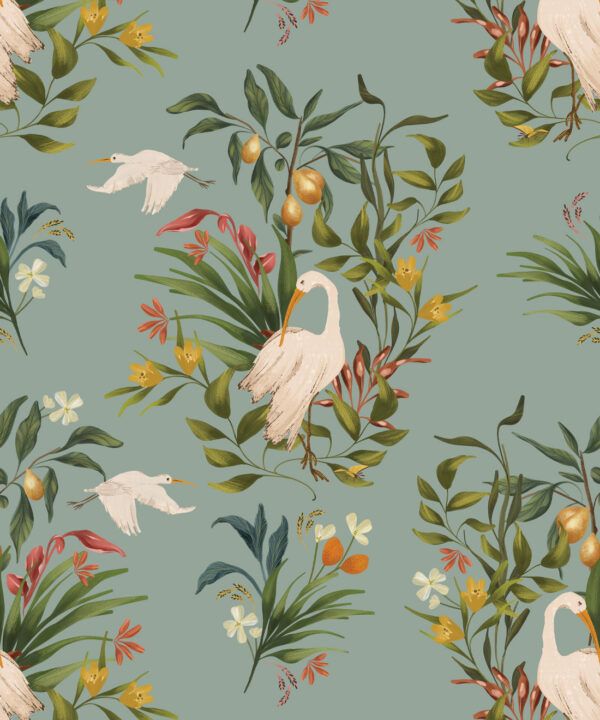 Prima Ballerina Crane Wallpaper • Duck Egg • Swatch