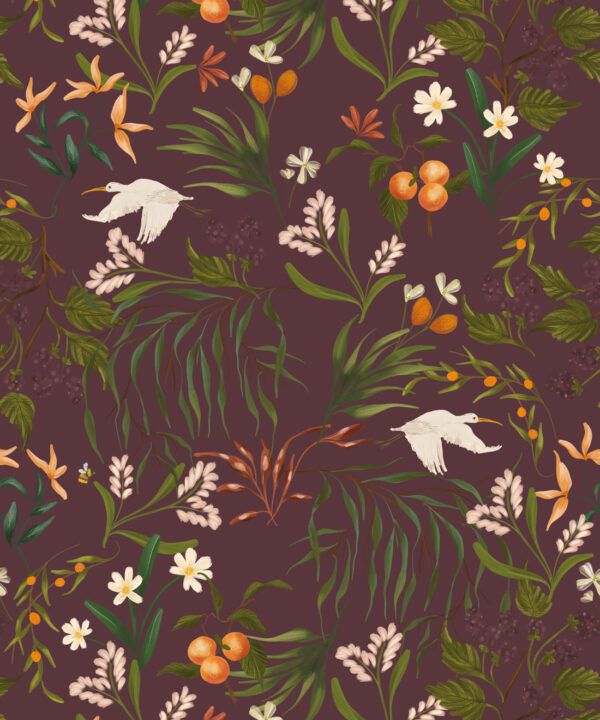 Cranes In Flight Wallpaper • Grape • Swatch