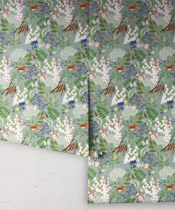 Sparrows Wallpaper • Duck Egg • Rolls