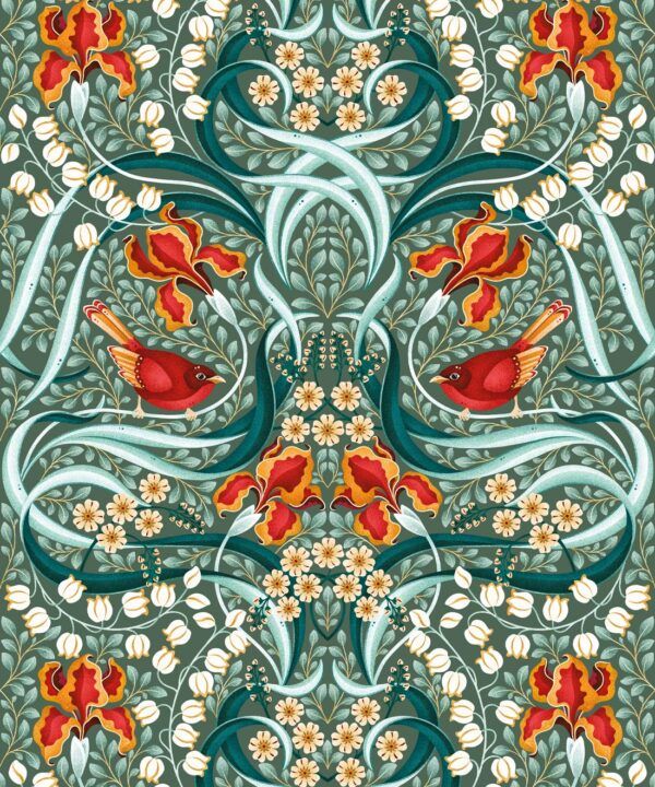 Bellbirds & Iris Wallpaper • Emerald • Swatch