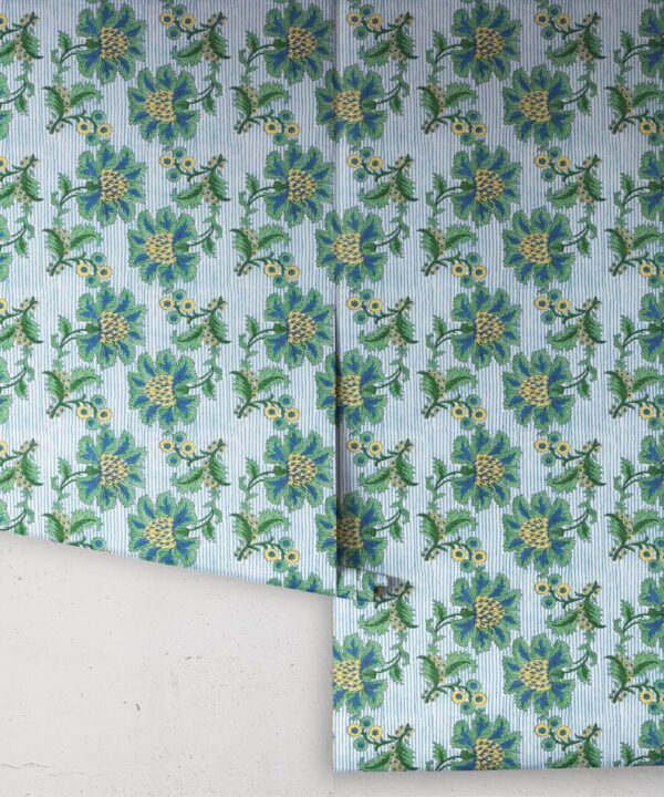French Floral Wallpaper • Indigo Green Stripe • Rolls