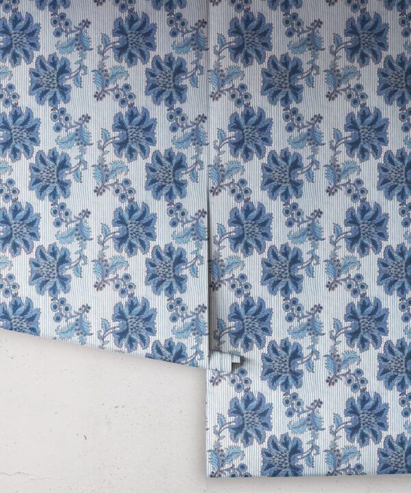French Floral Wallpaper • Indigo Ivory Stripe • Rolls
