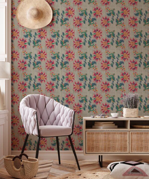 French Floral Wallpaper • Multi Natural Stripe • Insitu